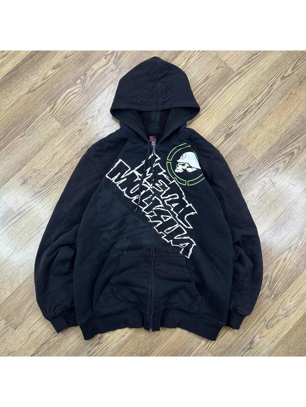 VTG Y2K Metal Mulisha Big Print Grunge Skate Sasquatch Fur Lined Hoodie Sz XL